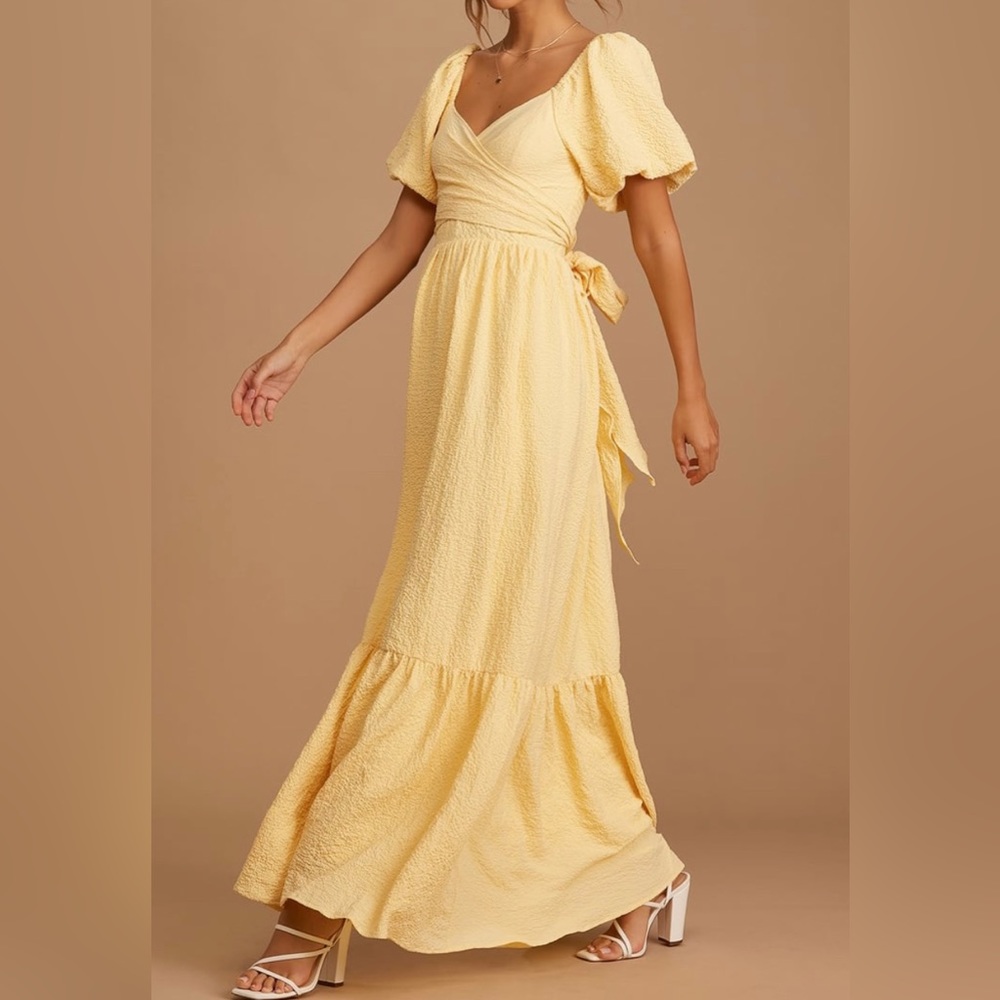 LULUS SUN TYPE OF LOVE YELLOW PUFF SLEEVE TIE-FRONT MAXI DRESS